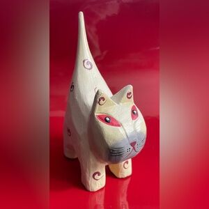 Tall Tail Kitty Cat Carved Wood Painted Folk Art Ring Holder Figurine‎ 5.2”